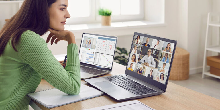 person participating in virtual group therapy on laptop from comfort of home