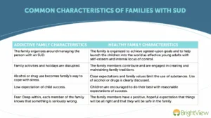Table comparing traits of addictive families—such as disorganization and denial—with healthy families that promote structure and support.